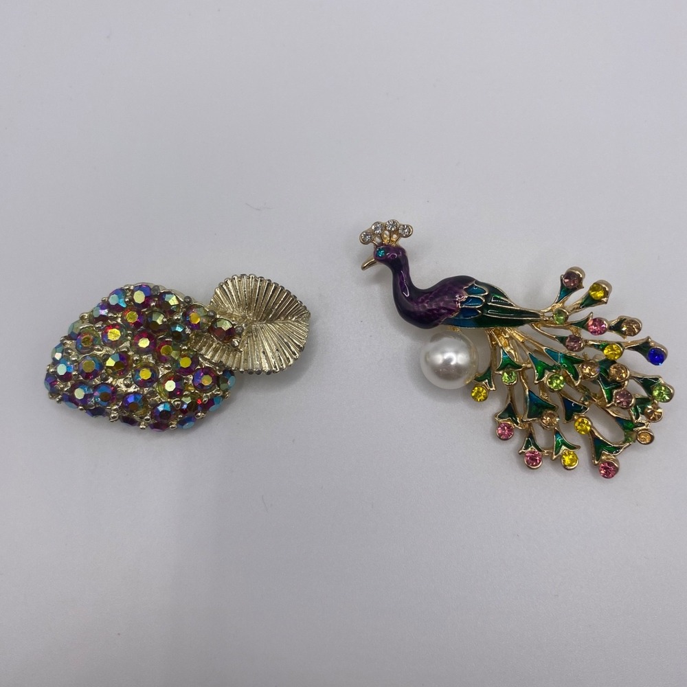 Lot of 2 Gold Tone Brooches Peacock Enamel Rhinestone & AB Crystal Strawberry?